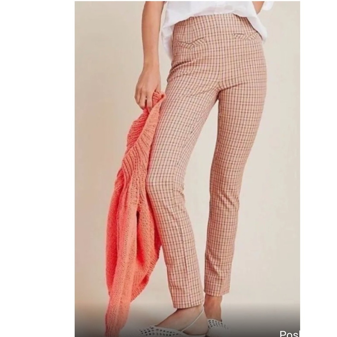 New Anthropologie The Essential Slim Plaid Trousers $98 Size 12 Pink And Tan